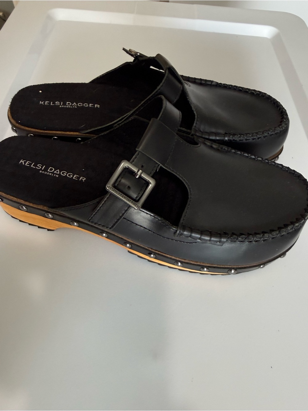 Kelsi Dagger Brooklyn Black Leather T-Bar Buckle Mules Clogs